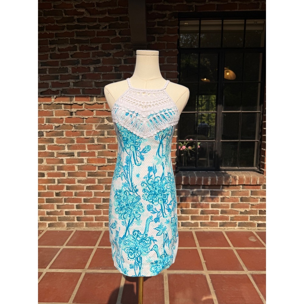 Lilly Pulitzer Mila Shift Dress Blue White Peacock Floral Crochet Lace Halter 0